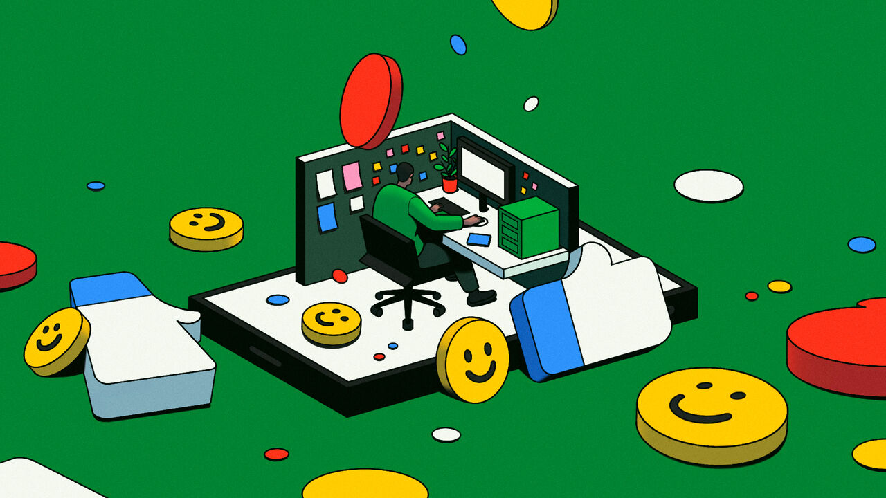 A person working at a computer, surrounded by floating smiley coins, files, and colorful shapes on a green background.