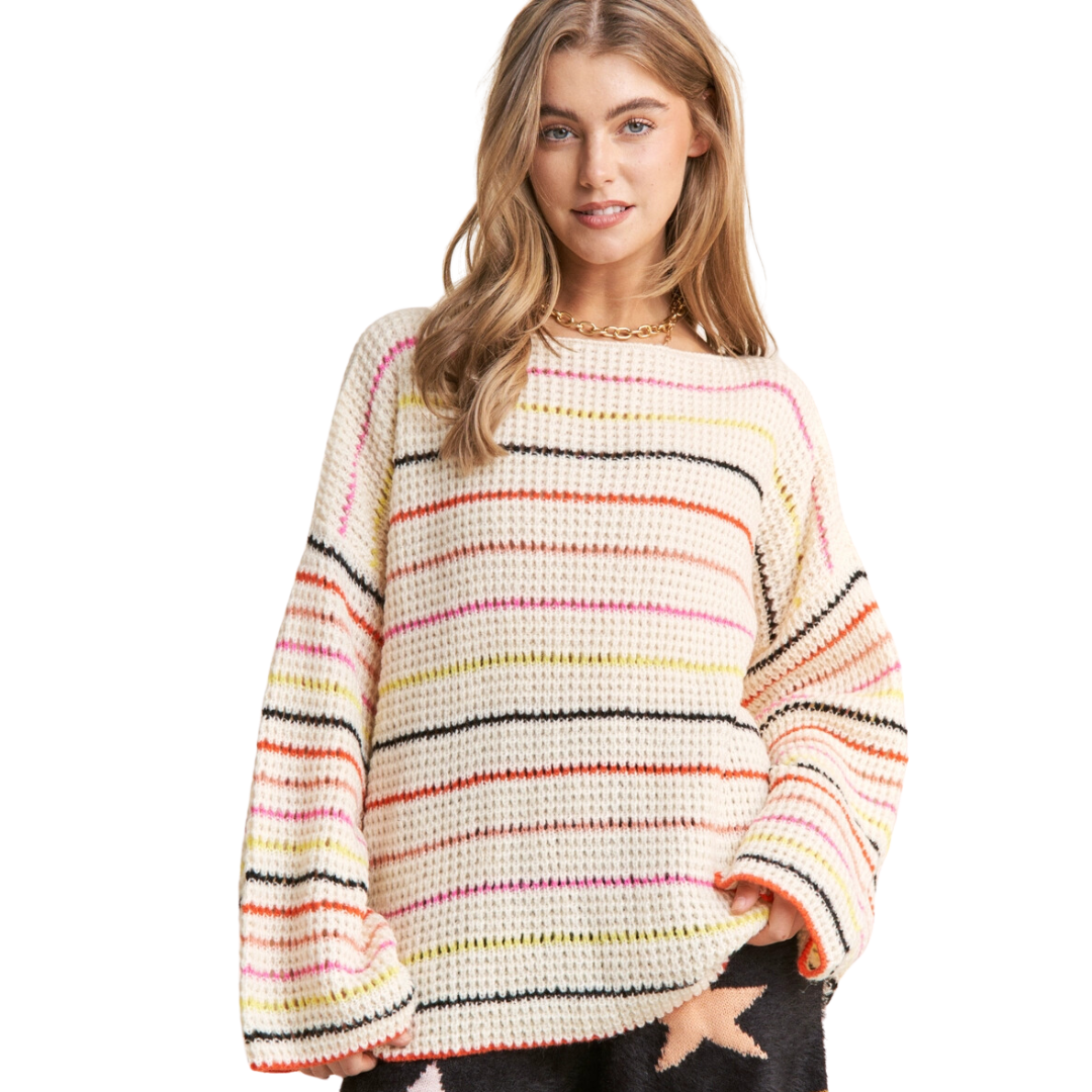 Image of Striped Bell Sleeve Relaxed Fit Sweater Top