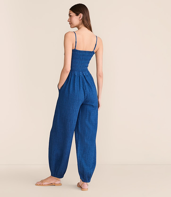 Lou & Grey Denim Washed Double Cloth Smocked Balloon Leg Jumpsuit