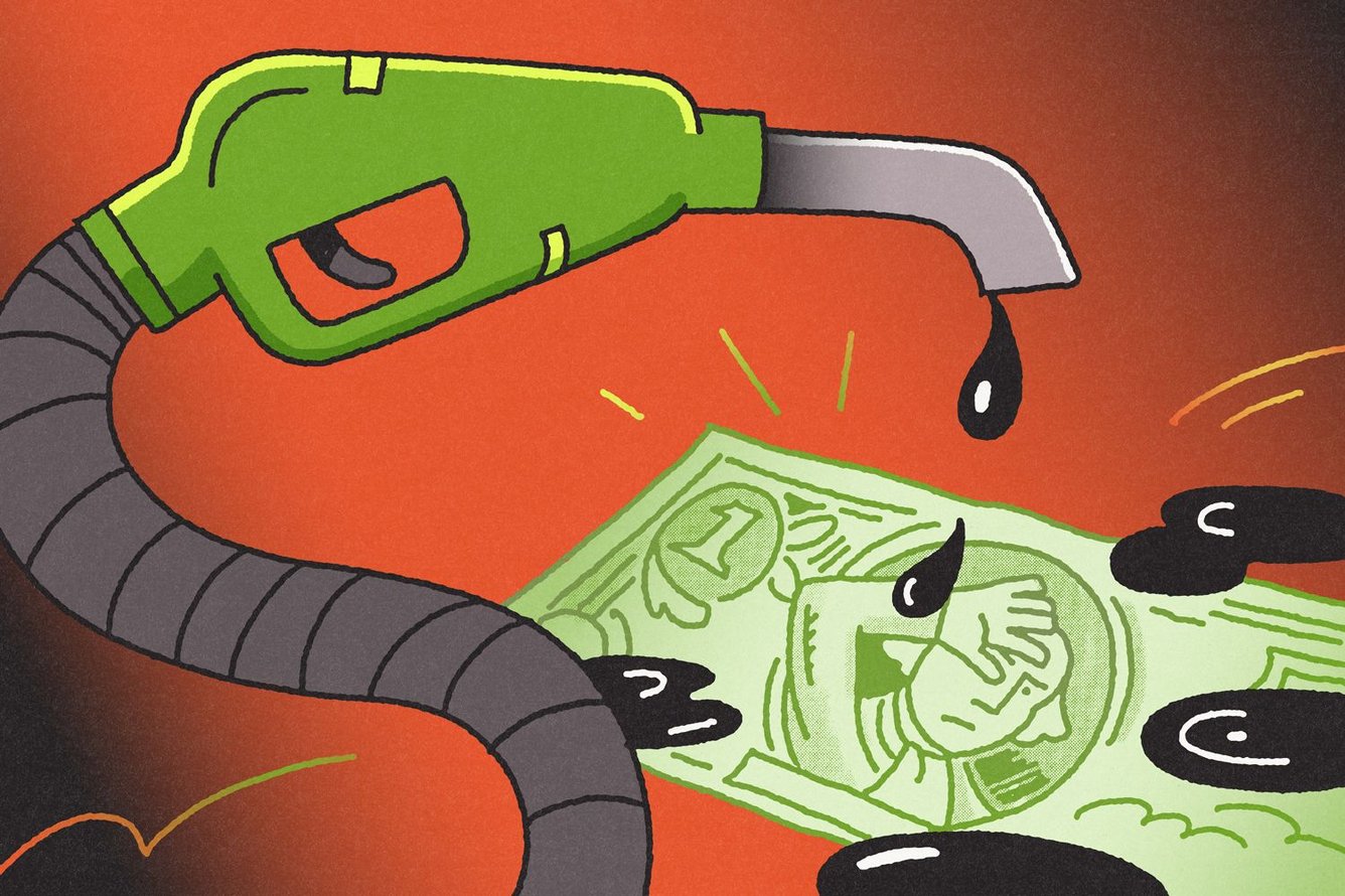 Illustration of a gas nozzle dripping on a dollar bill with George Washington getting irritated by it 