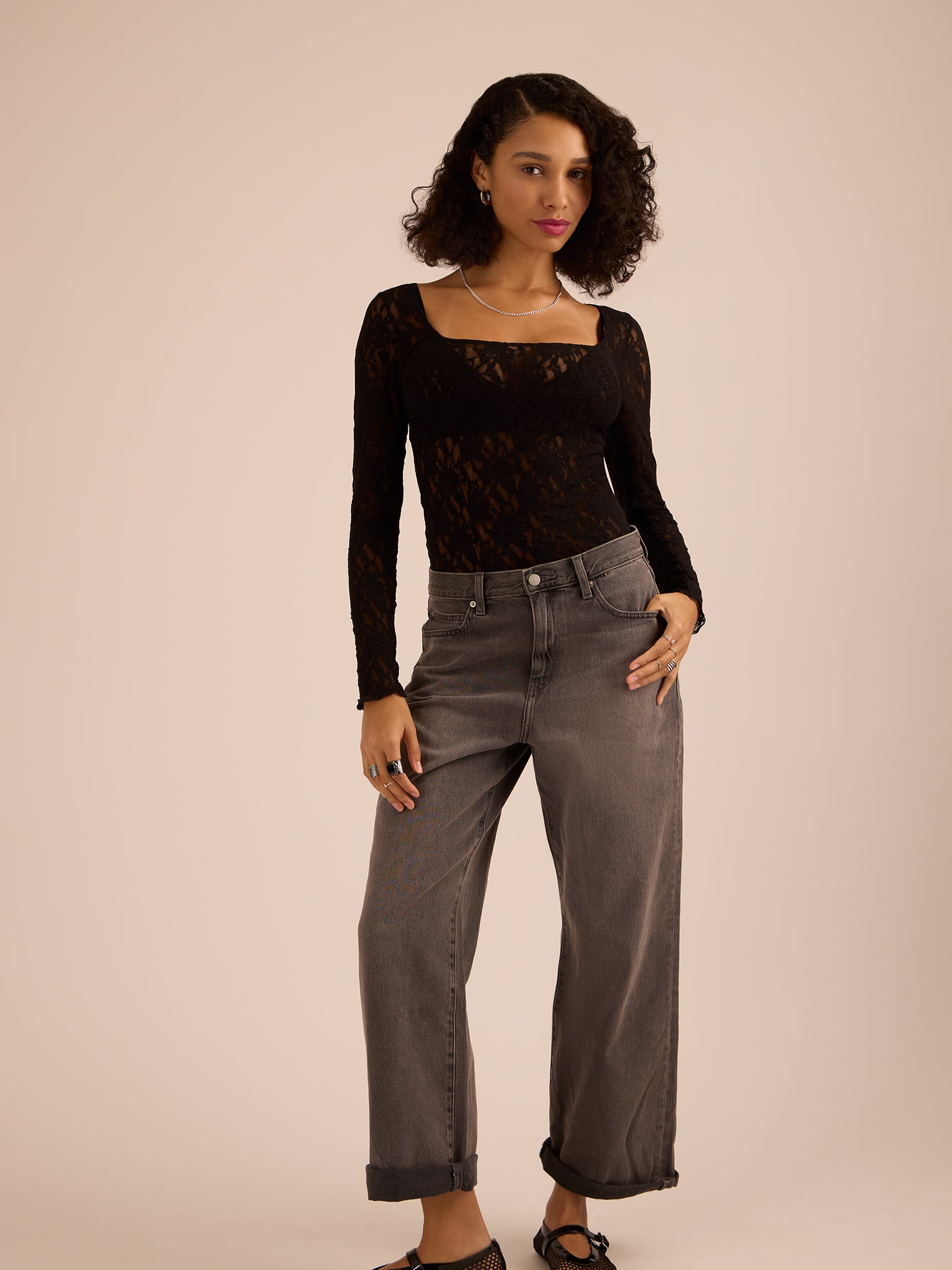 Image of Signature Lace® Square Neck Long Sleeve Top Black