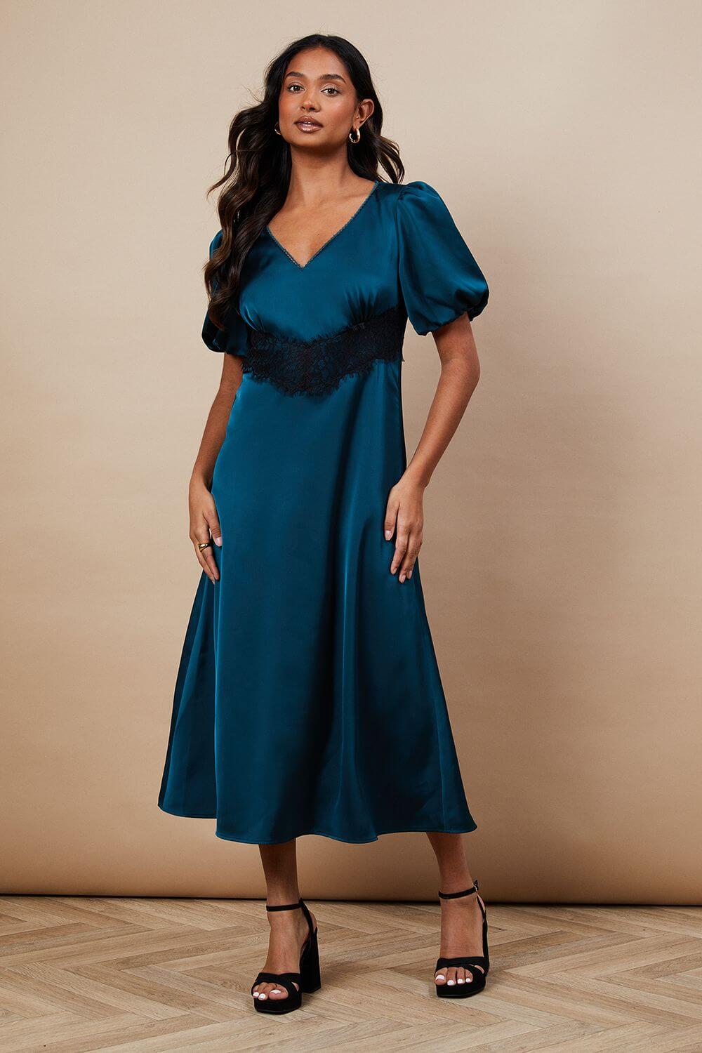 Occasion Satin Lace Waist Midi Dress