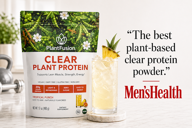 Man and woman with bag of clear plant protein