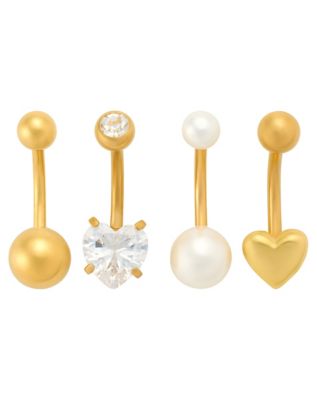 Multi-Pack CZ Pearl-Effect Heart Gold-Tone Titanium Belly Rings 4 Pack - 14 Gauge