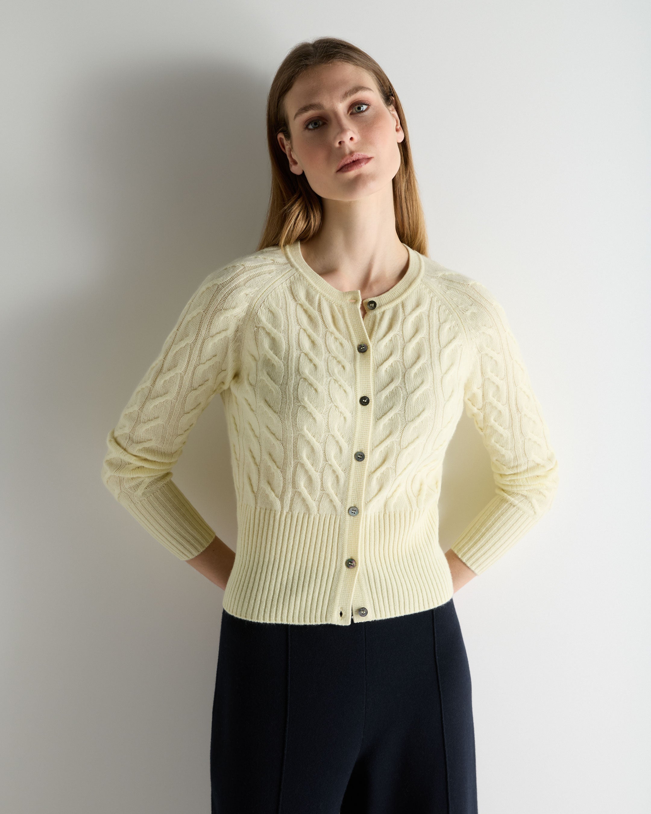Image of Women's Myla Cable Cashmere Cardigan Butter Yellow