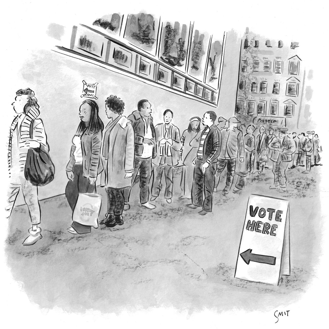 People stand in line outside a city building, near a “Vote Here” sign.