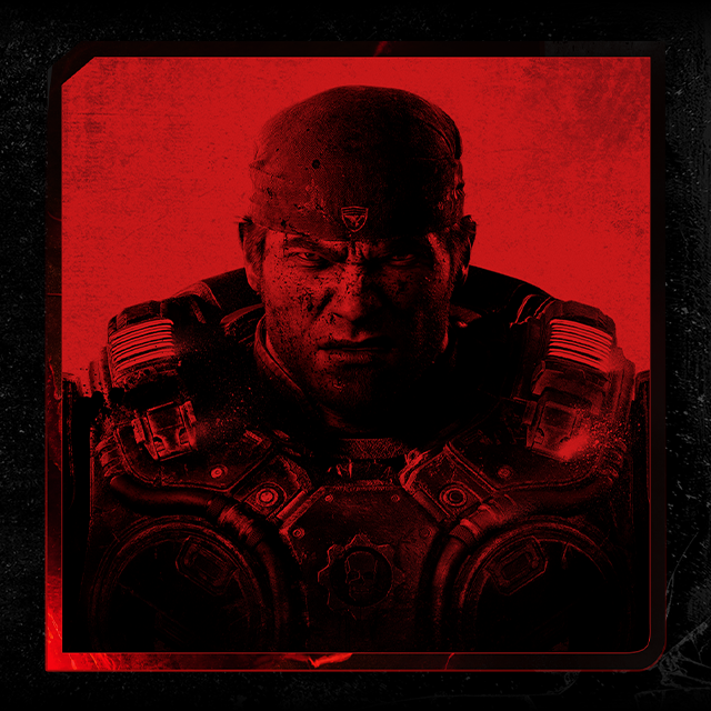 Art for Gears of War: E-Day featuring a gritty close-up of Marcus Fenix gazing intently at an unseen figure.