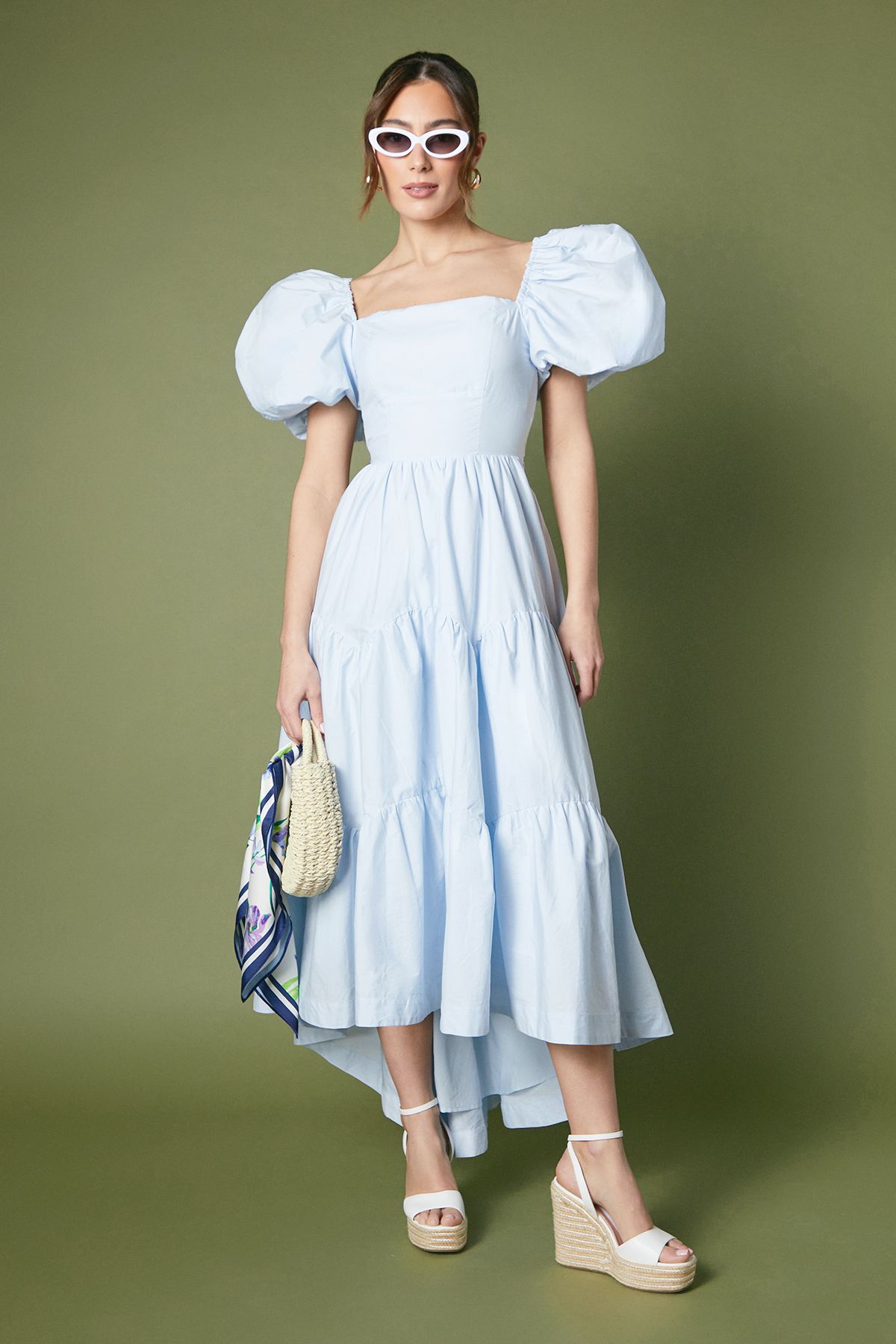 Puff Sleeve Tiered High Low Maxi Dress