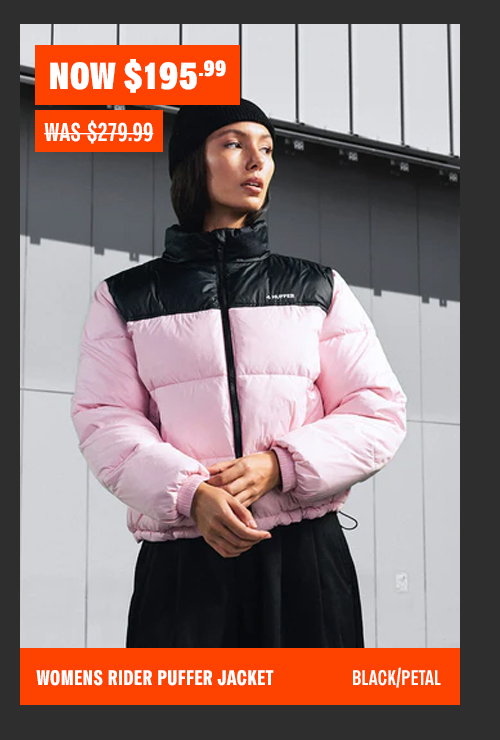 WOMENS RIDER PUFFER JACKET BLACK/PETAL
