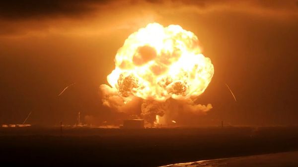 This screen grab shows fire as the uncrewed Blue Origin's New Glenn rocket explodes during a test on a launchpad at Cape Canaveral Space Force Station
