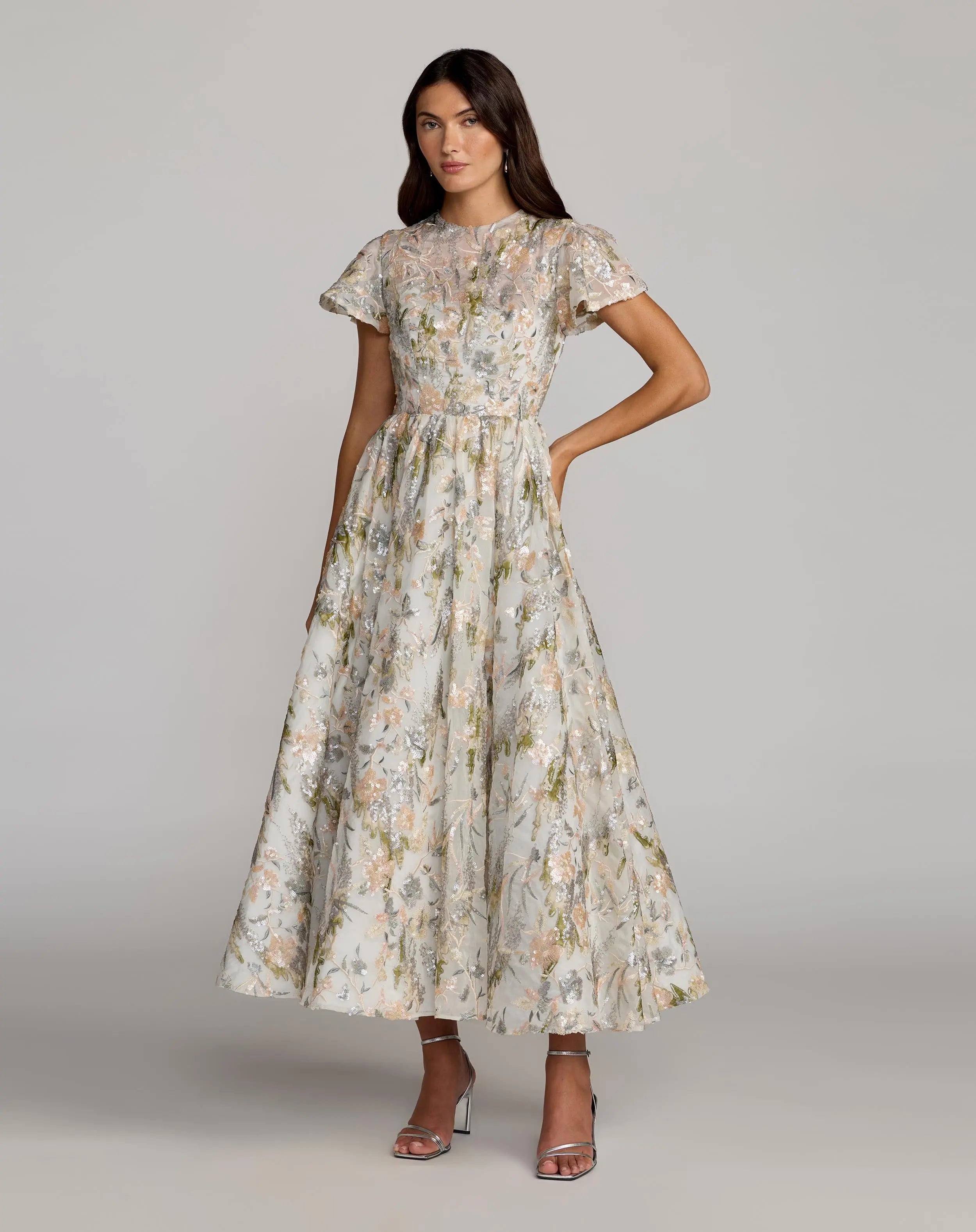 Image of Ivory Flutter Sleeve Sequin A-Line Midi Dress