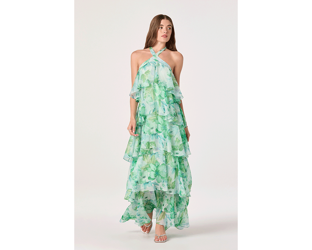 Woman Wearing Floral Halter Tiered Dress