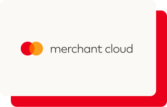 A white rectangular card with rounded corners, featuring the Mastercard logo (overlapping red and orange circles) followed by the lowercase text "merchant cloud." The card has a bold red shadow offset to the bottom right.