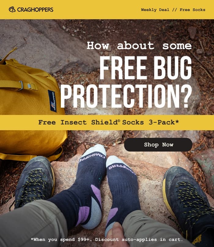 Top-down view of a man putting shoes on while wearing Insect Shield Socks. How about some free socks? Free Insect Shield Socks 3-Pack when you spend $99.