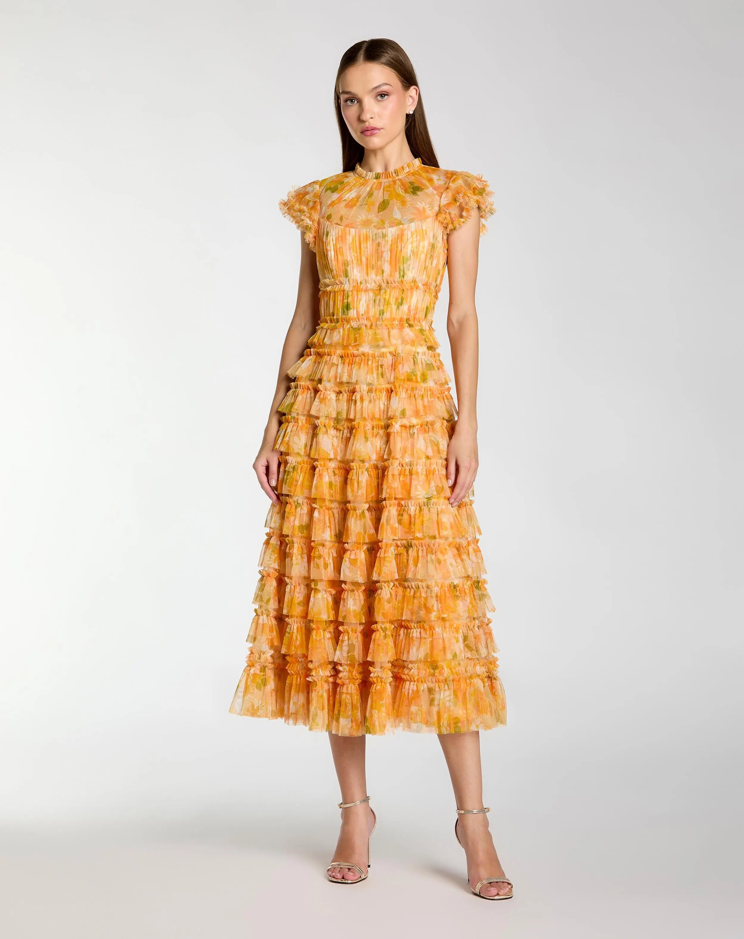 Image of Yellow Floral High Neck Flutter Sleeve Midi Dress