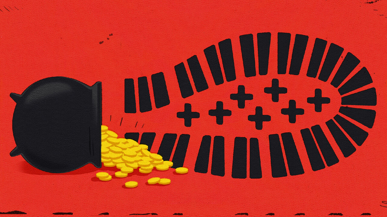 illustration of a large black boot print on a red background, with a black pot spilling gold coins that form the heel of the footprint