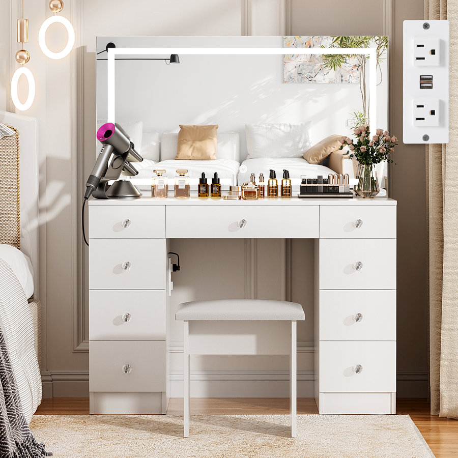 Greyden Vanity Set With LED Mirror & Power Outlets, 9 Drawers with Diamond Handles