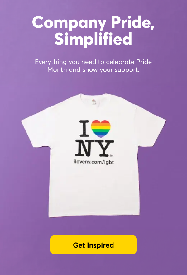 A custom t-shirt for NYC Pride, under a header that says, "Company Pride Simplified."