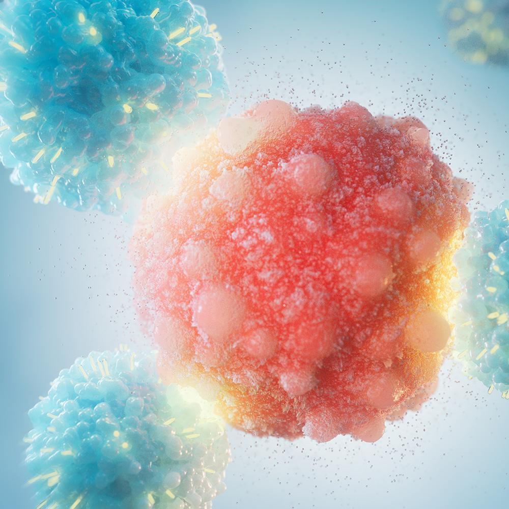 A conceptual illustration of a CAR T cell attacking a cancer cell