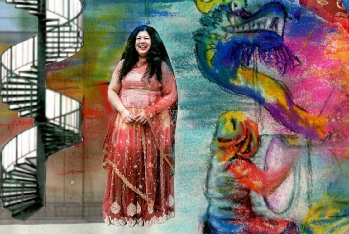 Collage image with women wearing traditional dress next to drawn colourful imagery.