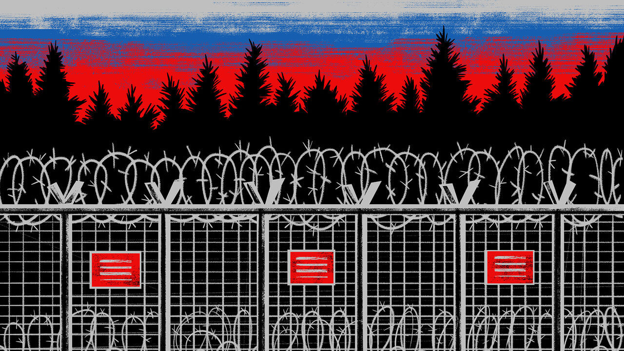 An illustration of a border fence with barbed wirealong the top and bottom. Behind the fence is a fores and a sunset sky in the colours of the Russian flag. 
