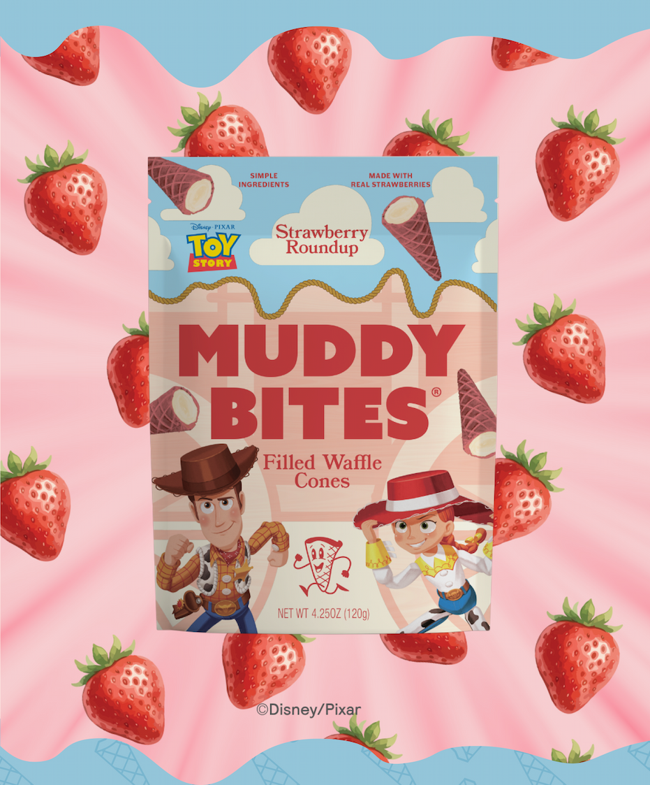 Photo of Muddy Bites Strawberry Roundup with strawberries in the background.