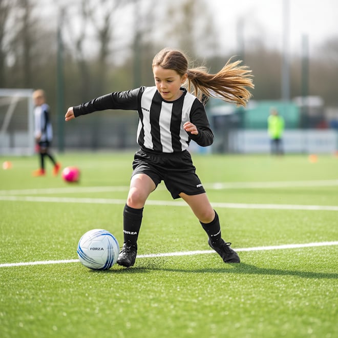 Junior player in a match wearing FORZA striped kit, dribbling with a FORZA Training Football.