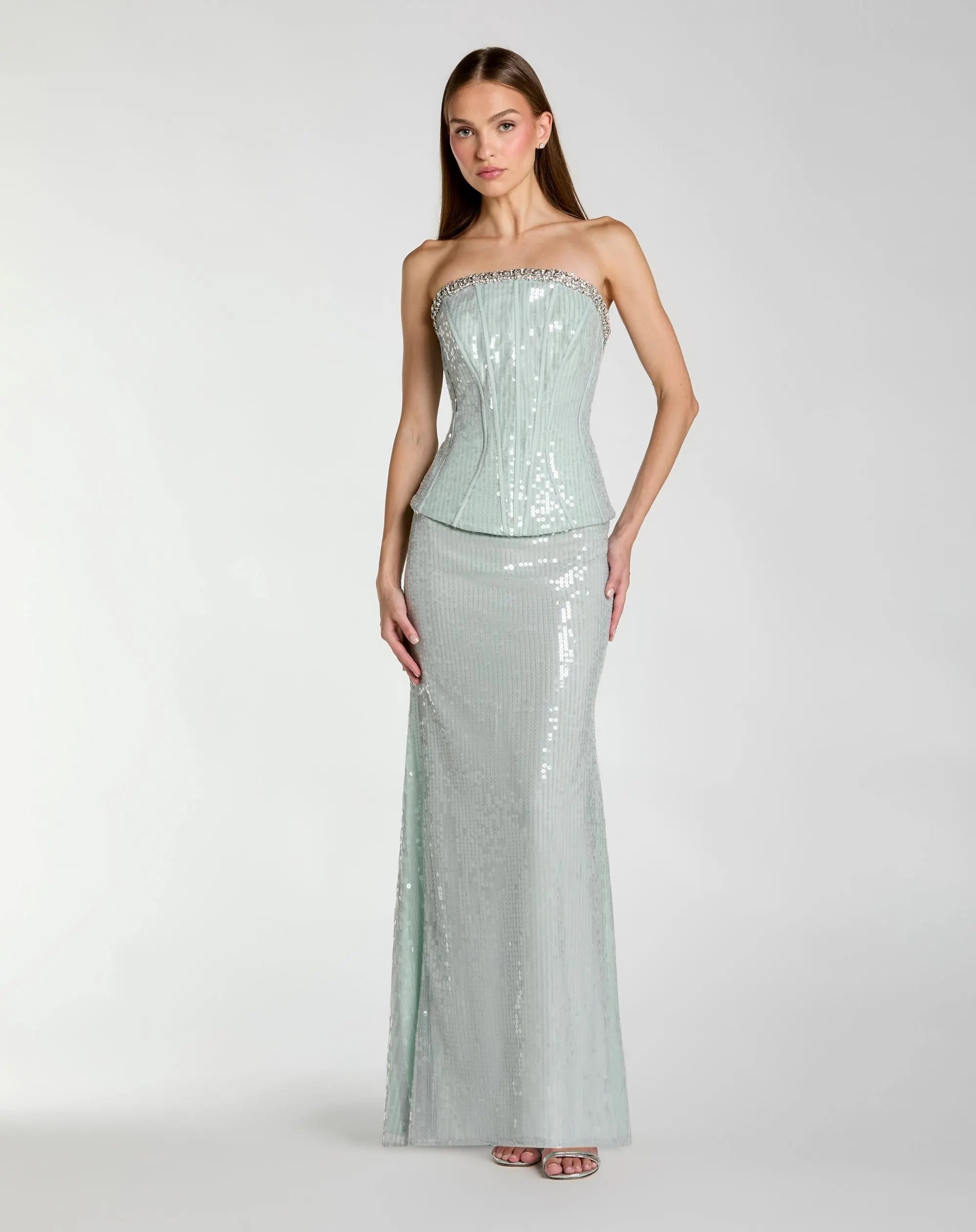 Image of Blue Strapless Sequin Peplum Gown With Rhinestone Trim