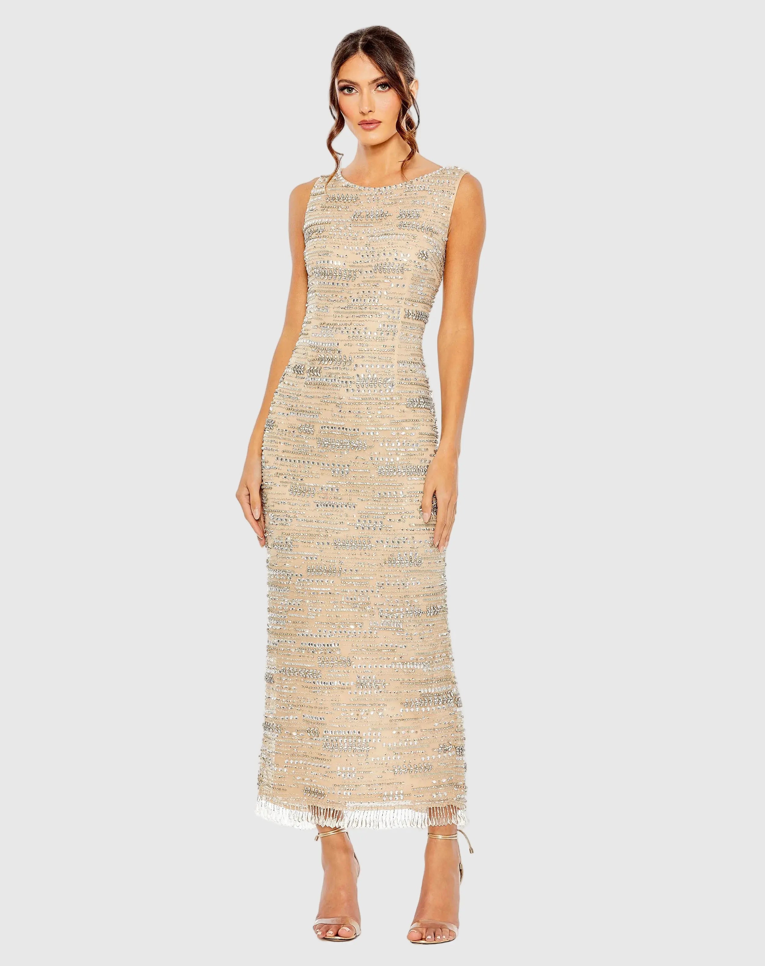 Image of Beige Sleeveless Embellished Dress With Fringe Hem