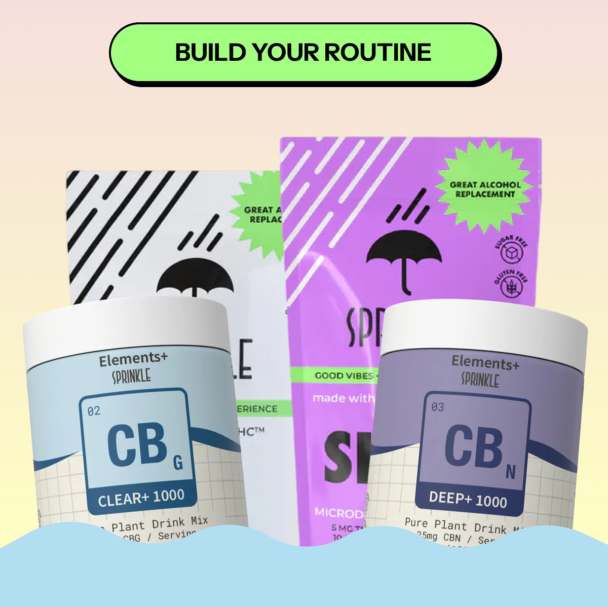 Products for building a routine, including plant drinks and supplements.