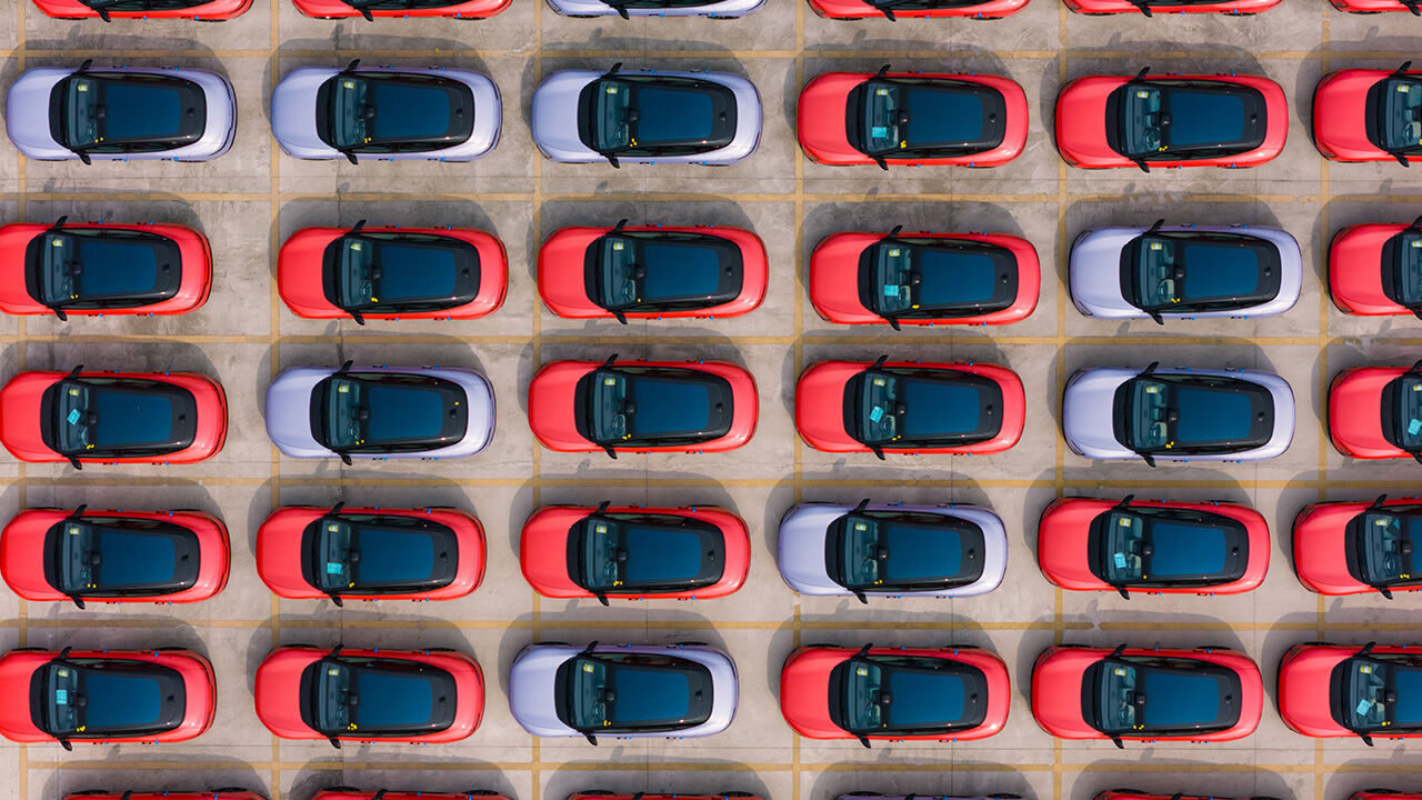 New energy vehicles parked at Changan Automobile's vehicle distribution centre in Chongqing, China