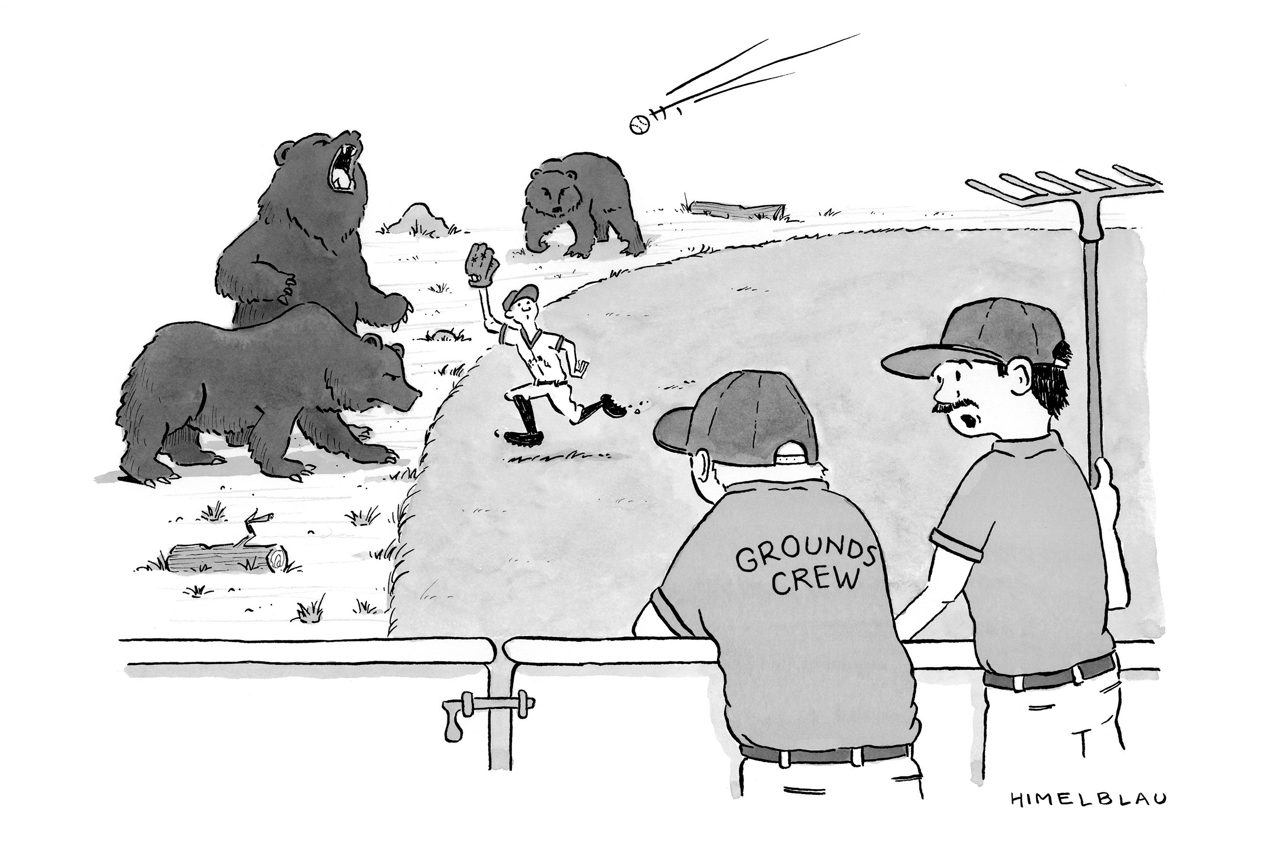 Two people watch three bears and a baseball player on a field.