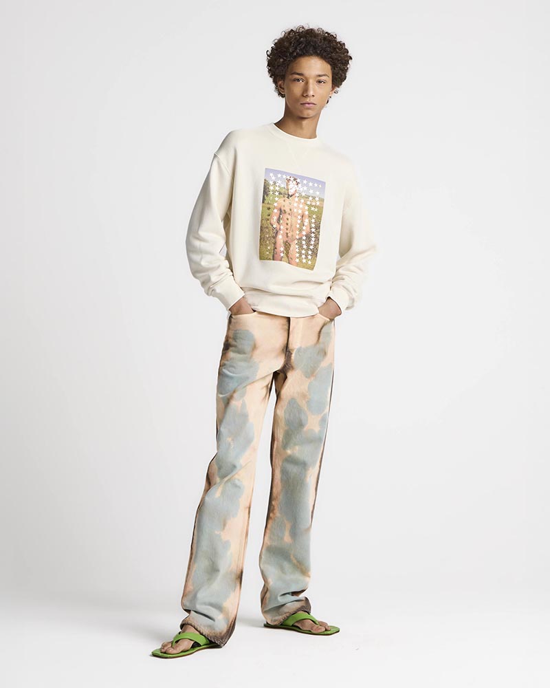 Mens straight leg bleached denim jeans in peach