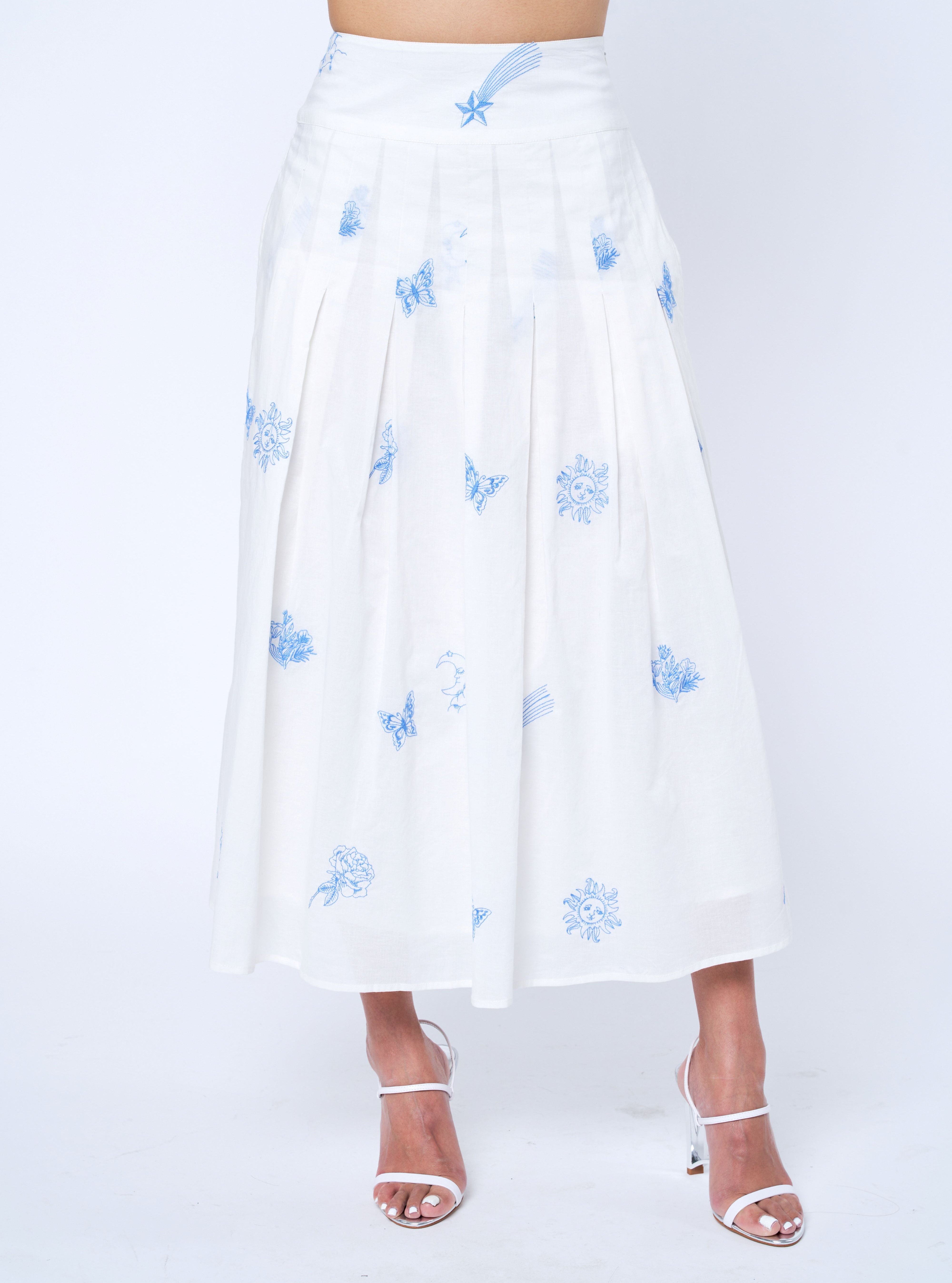 Image of Rezza Embroidered Cotton Pleated Midi Skirt