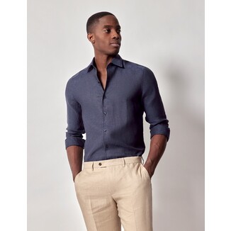 Navy Pure Linen Slim Shirt - One Piece Collar - Full Cutaway