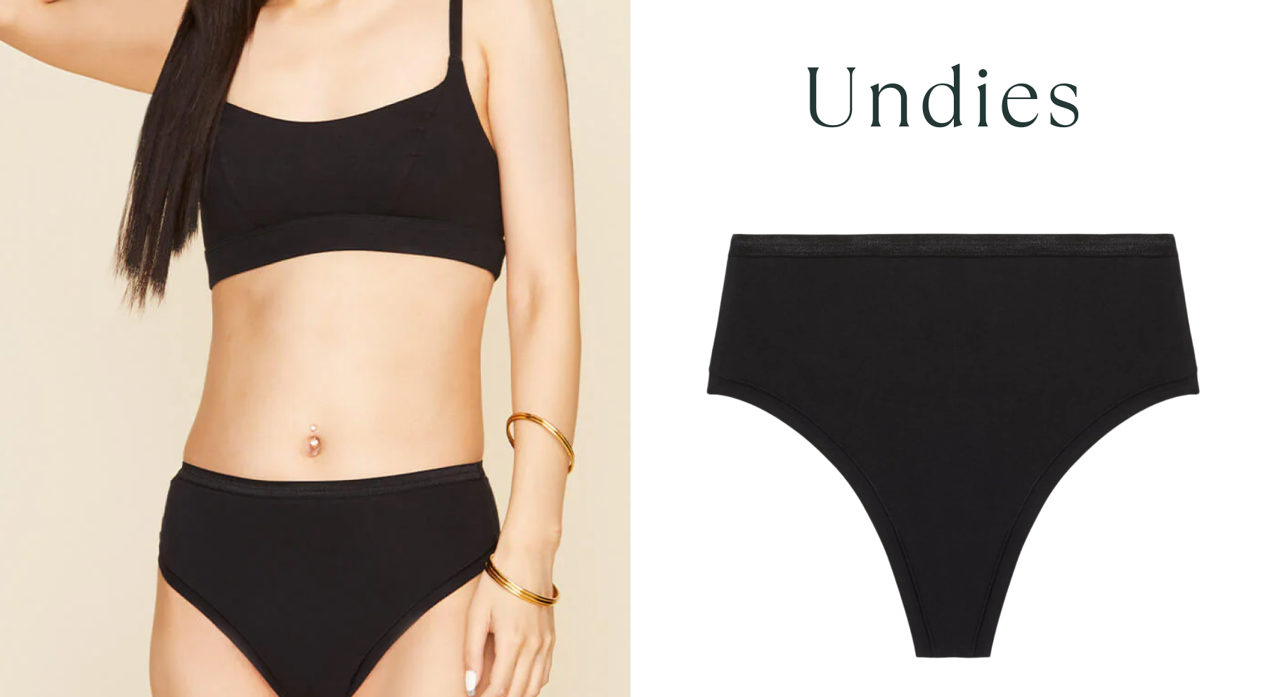 Model Wearing Subset's black bikini. Text: Undies