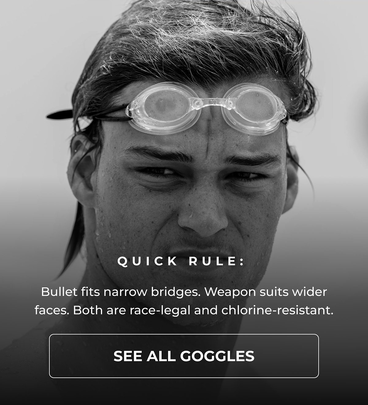 A swimmer wearing goggles with a serious expression, text about goggles below.