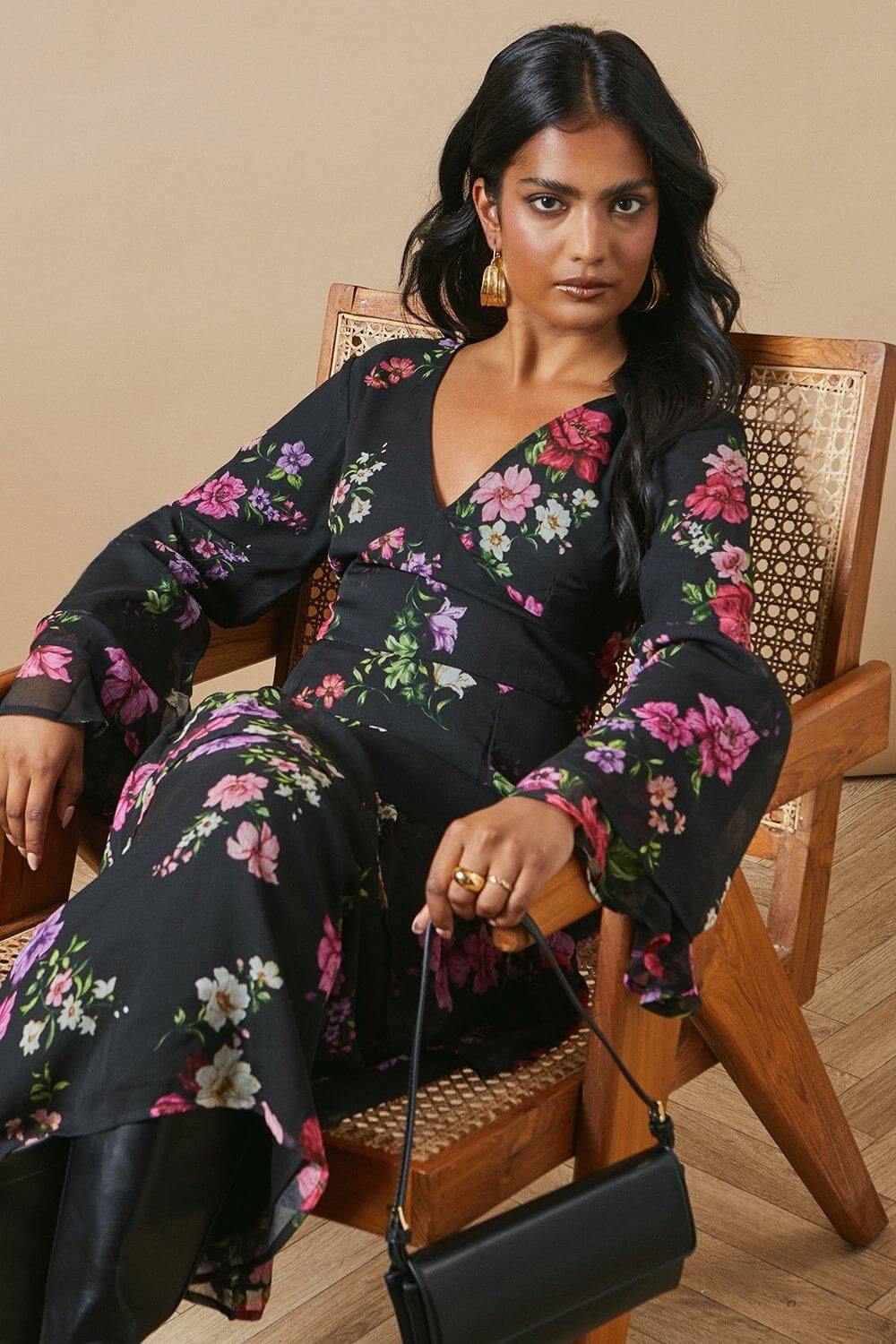 Watercolour Floral Chiffon Ruffle Midi Dress