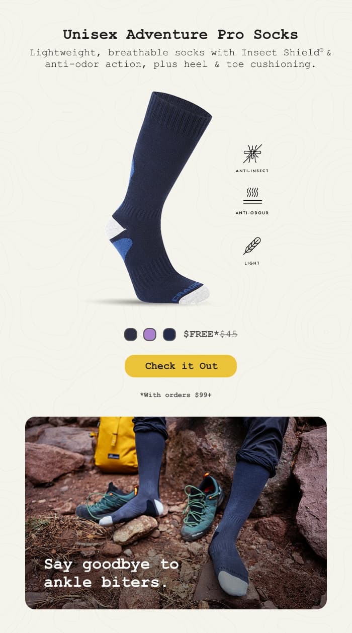 Studio photo of Unisex Insect Shield Adventure Pro Socks. Shop Now.