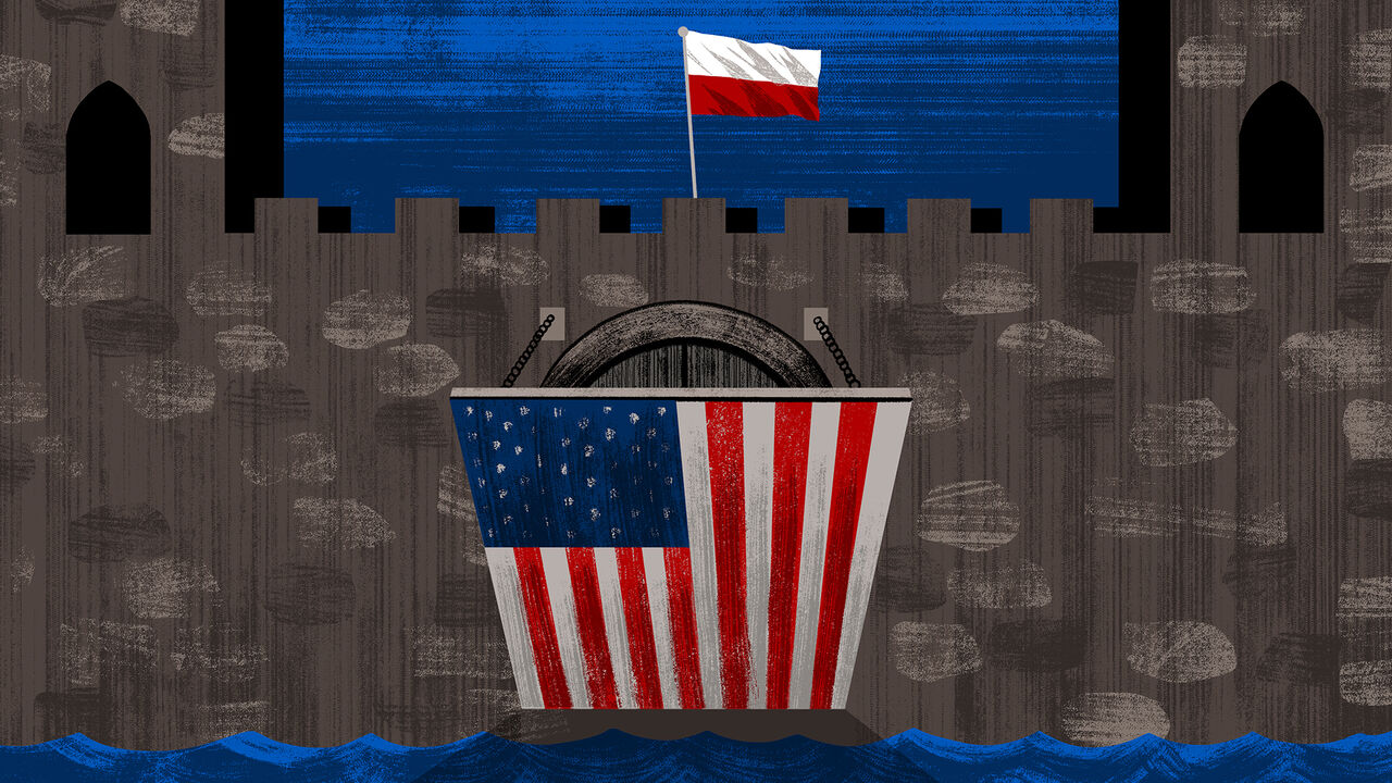 A drawbridge with the US flag closing the entrance of a castle with a Polish flag.