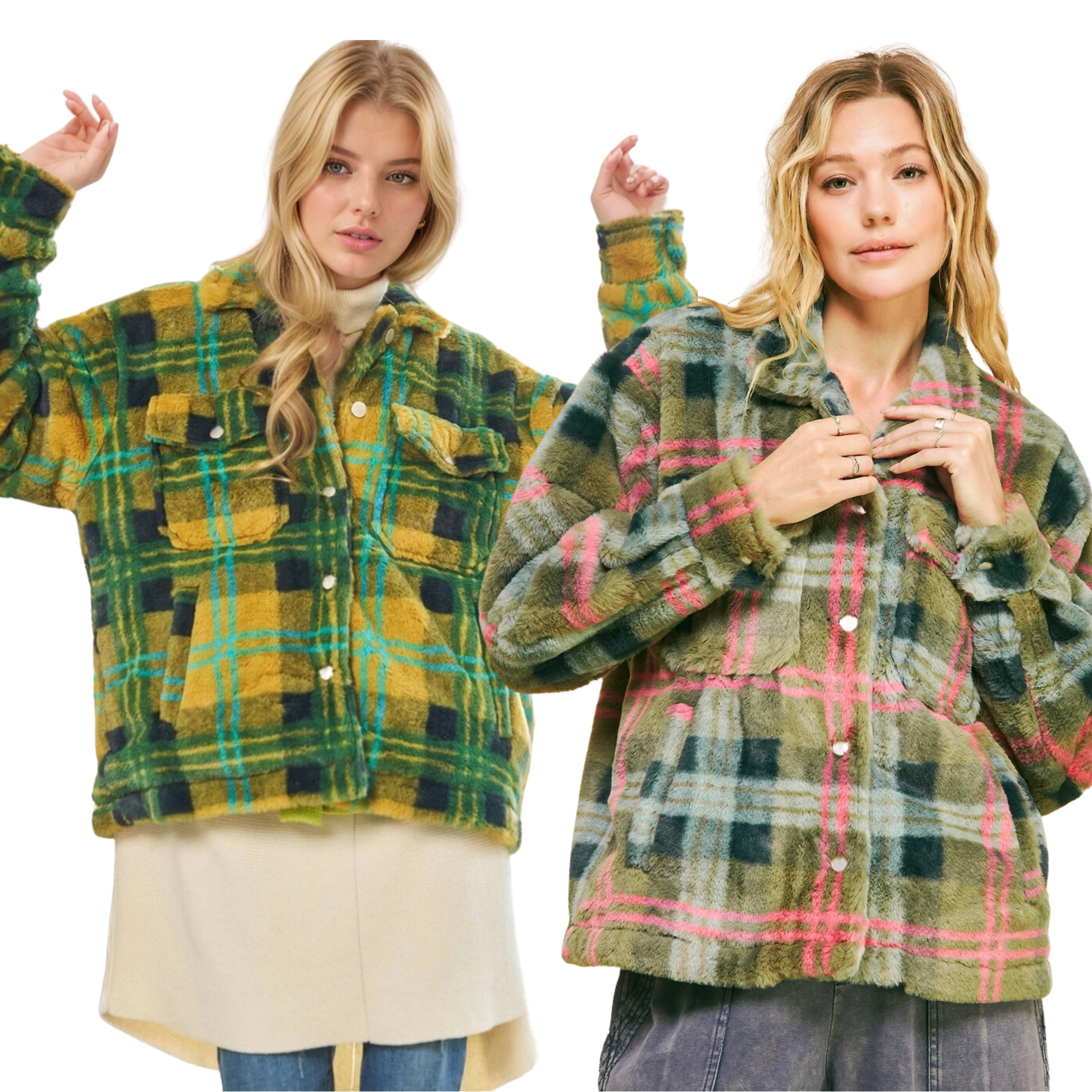 Image of Fuzzy Plaid Collar Button Down Loose Fit Jacket