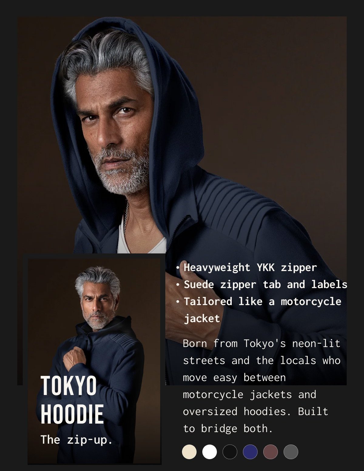 Heavyweight YKK zipper
Suede zipper tab and labels
Tailored like a motorcycle jacket - Born from Tokyo's neon-lit streets and the locals who move easy between motorcycle jackets and oversized hoodies. Built to bridge both.