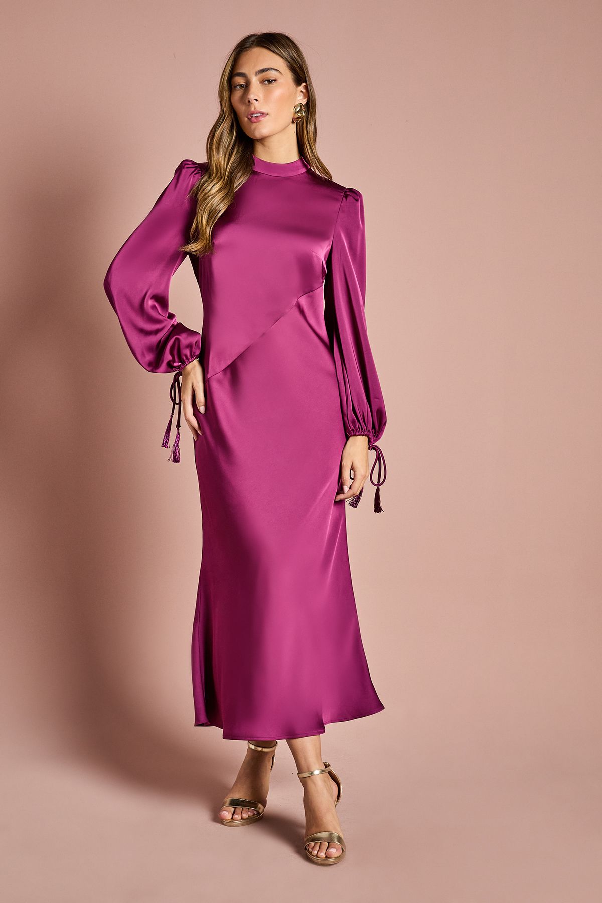 Blouson Sleeve Satin Midi Dress