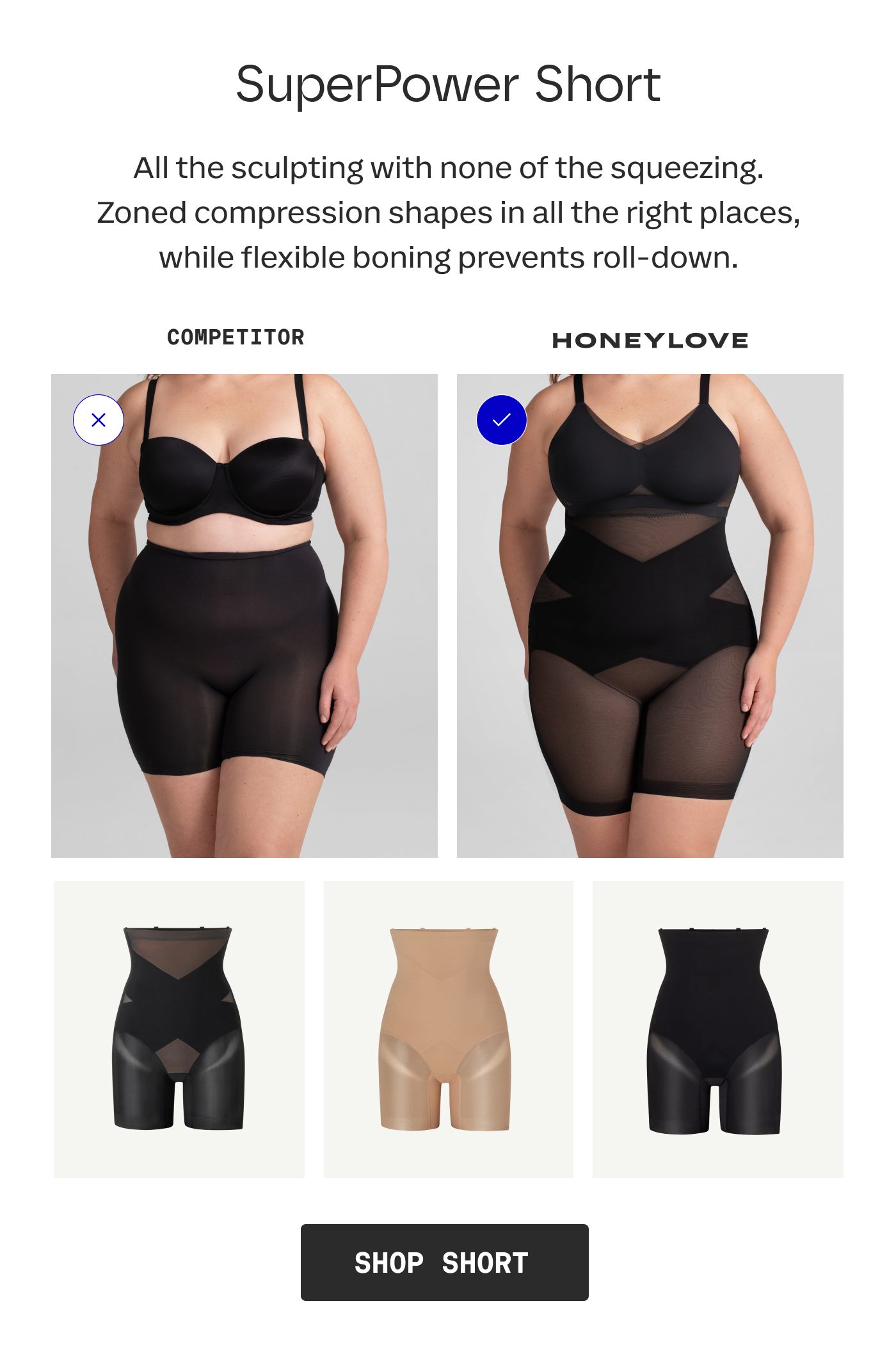 SuperPower Short | All the sculpting with none of the squeezing. Zoned compression shapes in all the right places, while flexible boning prevents roll-down. | COMPETITOR X | HONEYLOVE ✓ | SHOP SHORT
