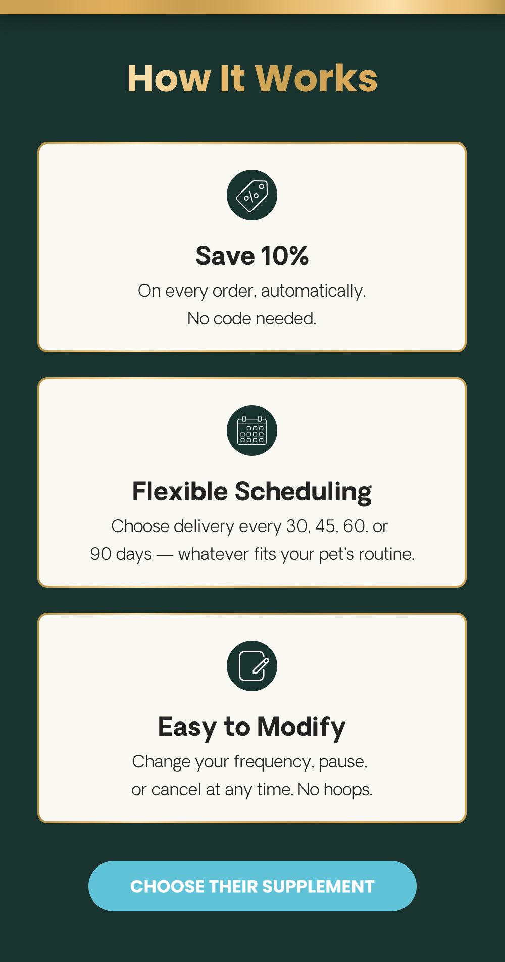How It Works  Save 10 percent  On every order, automatically. No code needed. Flexible Scheduling  Choose delivery every 30, 45, 60, or 90 days — whatever fits your pet's routine. Easy to Modify  Change your frequency, pause, or cancel at any time. No hoops. [CHOOSE THEIR SUPPLEMENT]