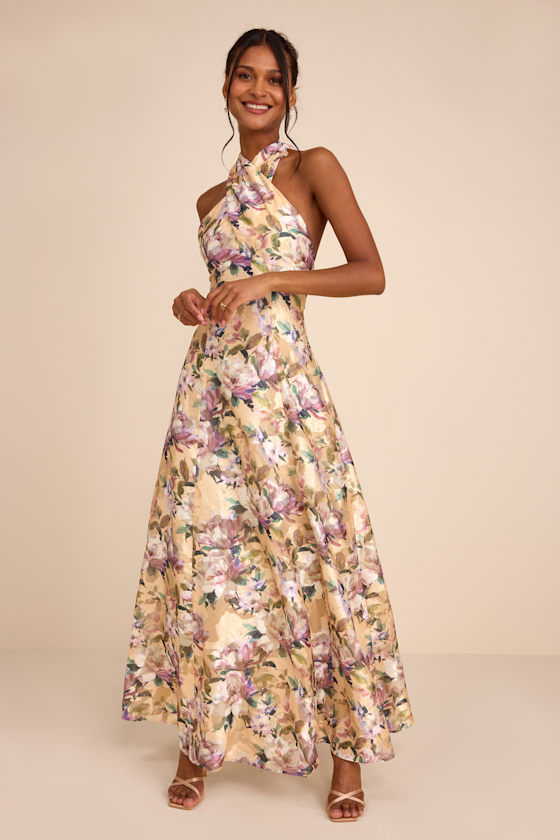 Image of Samana Light Yellow Multi Floral Cross Front Maxi Dress