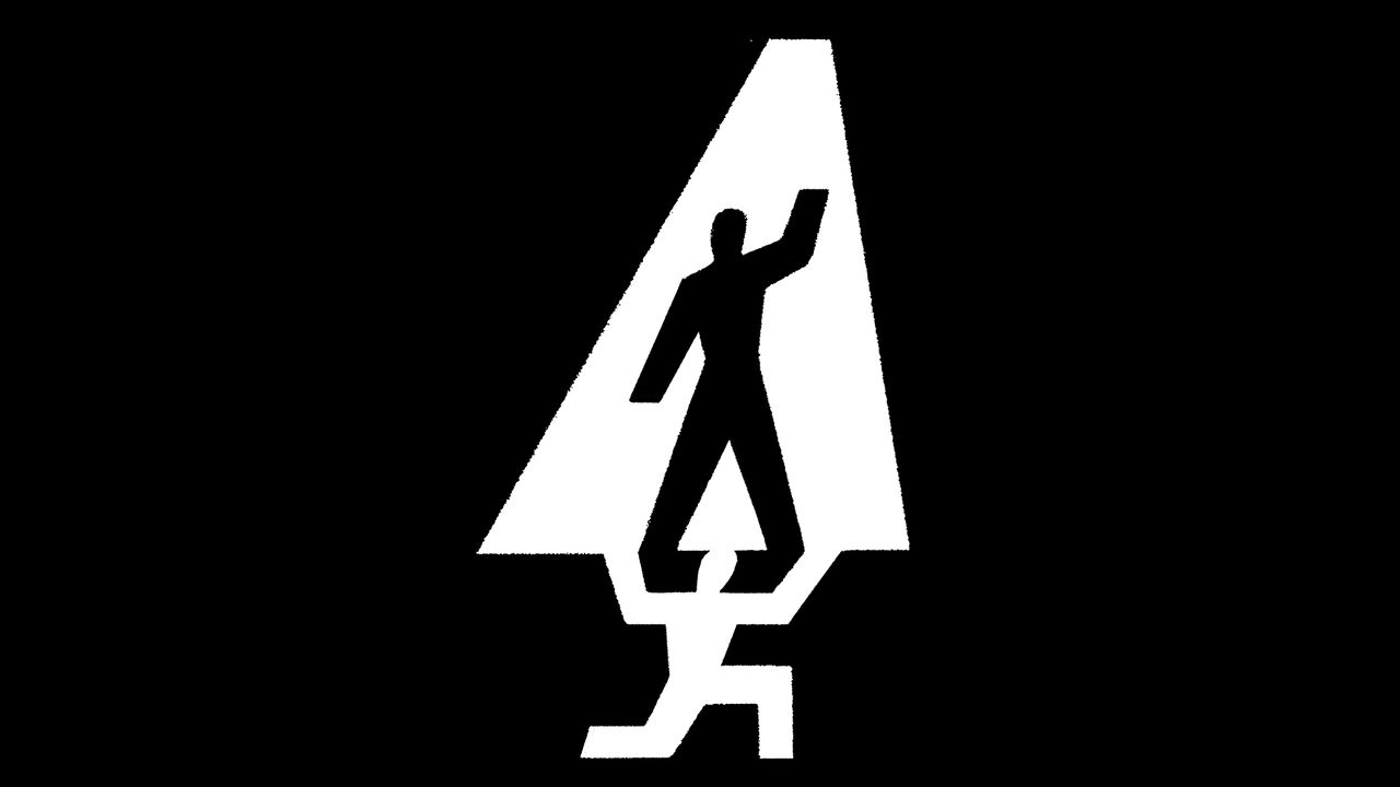 A white figure holding a tall triangle, with a black silhouette of a person inside it.