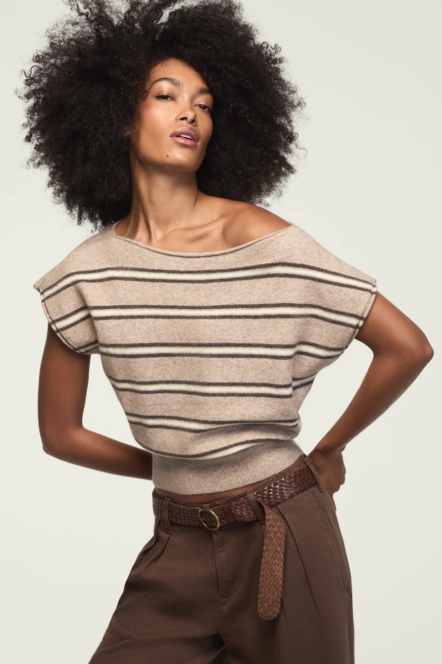 Image of Lucky Brand Striped Boat Neck Sweater Tee - Women's Clothing Tops Shirts Tee Graphic T Shirts in Oatmeal Htr