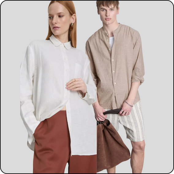 A woman and a man dressed in linen clothing from the Primark collection.