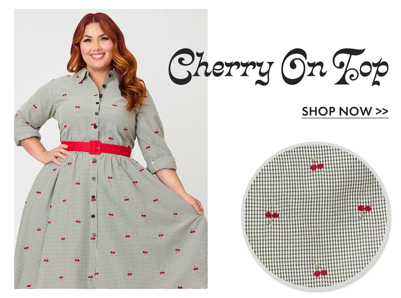 Black Gingham & Cherries Belted Shirt Dress